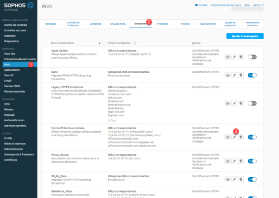 Sophos XG Web > Exceptions
