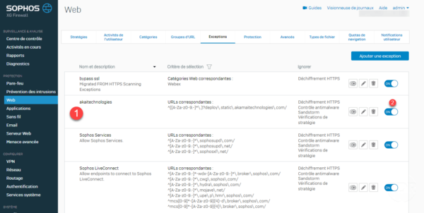 Sophos XG exception ajoutée