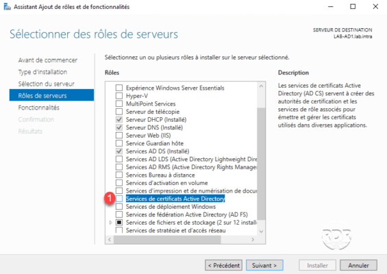 Choisir le rôle Services de certificats Active Directory