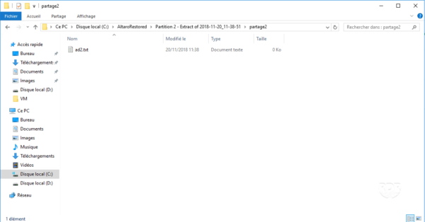 Altaro backup - fichier restauré
