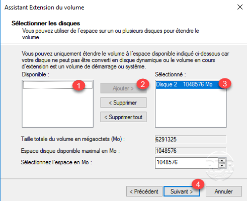 Sélection de l'espace disponible