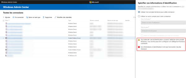 Message d'erreur Admin Center Kerberos