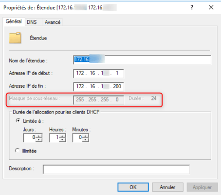 Propriétés étendue DHCP