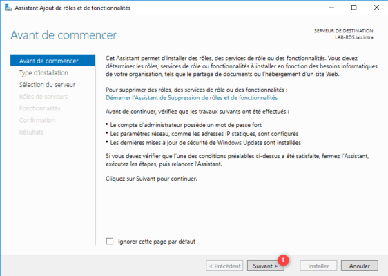 Assistant installation de rôles et fonctionnalités
