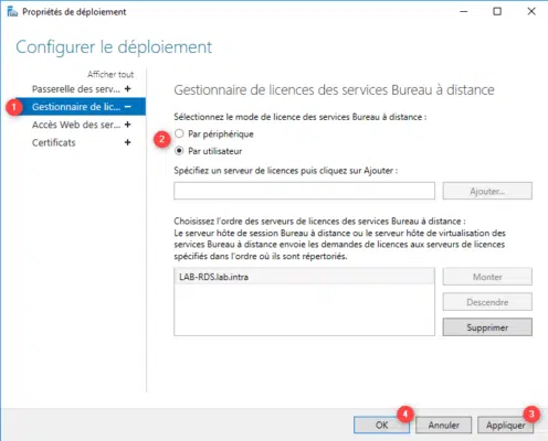 Configuration du type de licences (CAL).