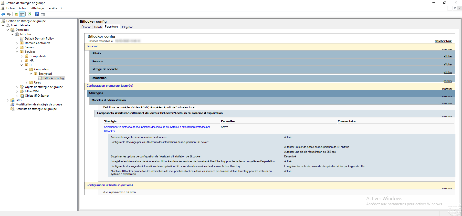 Paramètres de la stratégie pour Bitlocker