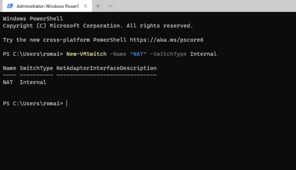 Create a new internal switch with powershell
