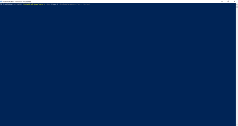 Install-WindowsFeature -Name Hyper-V -IncludeManagementTools -Restart
