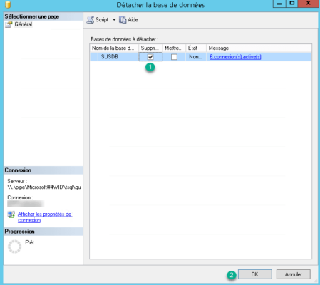 Supprimer les connexions actives et detache la base