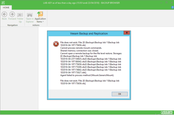 Message d'erreur lors de la restauration