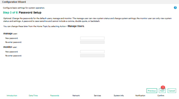 Wizard : mot de passe des comptes.