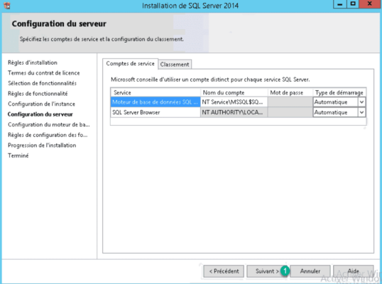 Configuration du compte pour l'instance