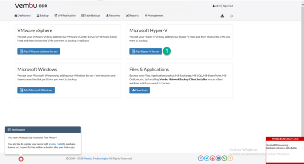 Dashboard ajout hyper-v