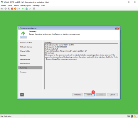 Lancement de la restauration bare metal
