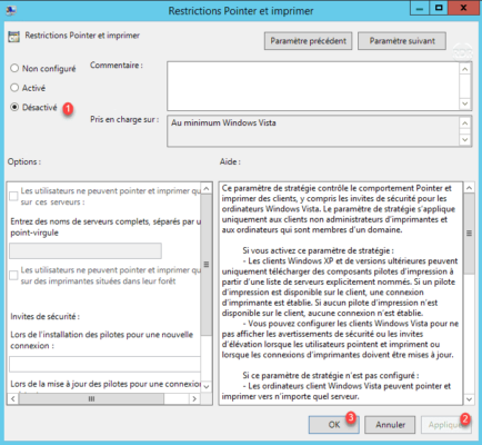 Désactions Restriction Pointer et imprimer