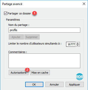 Partage du dossier pour la redirection