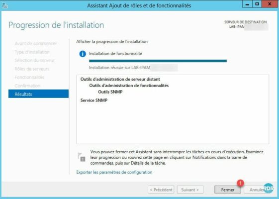 SNMP : installation terminée, fermer l'assistant